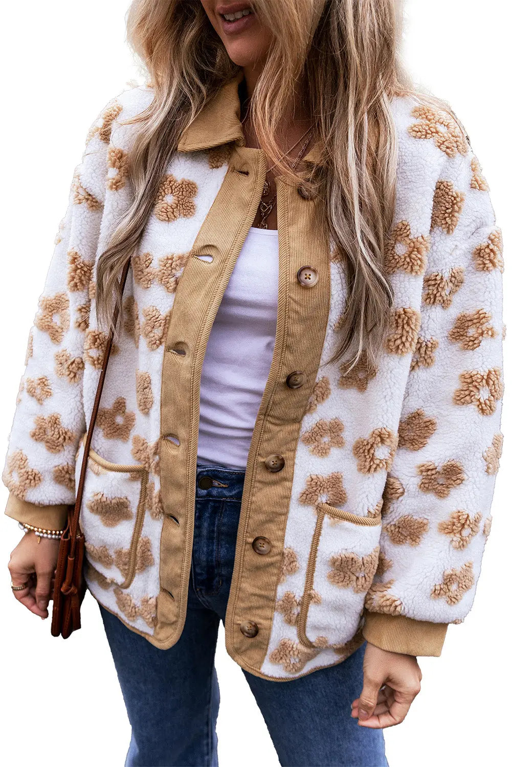 Light French Beige Cute Flower Pattern Button Up Fleece Jacket eAura