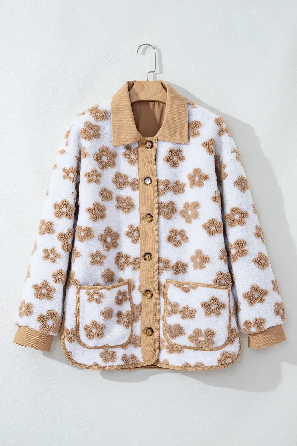 Light French Cute Flower Pattern Button Up Fleece Jacket