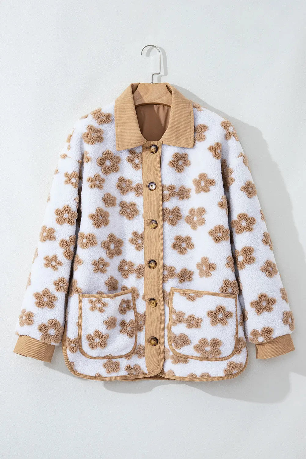 Light French Beige Cute Flower Pattern Button Up Fleece Jacket eAura