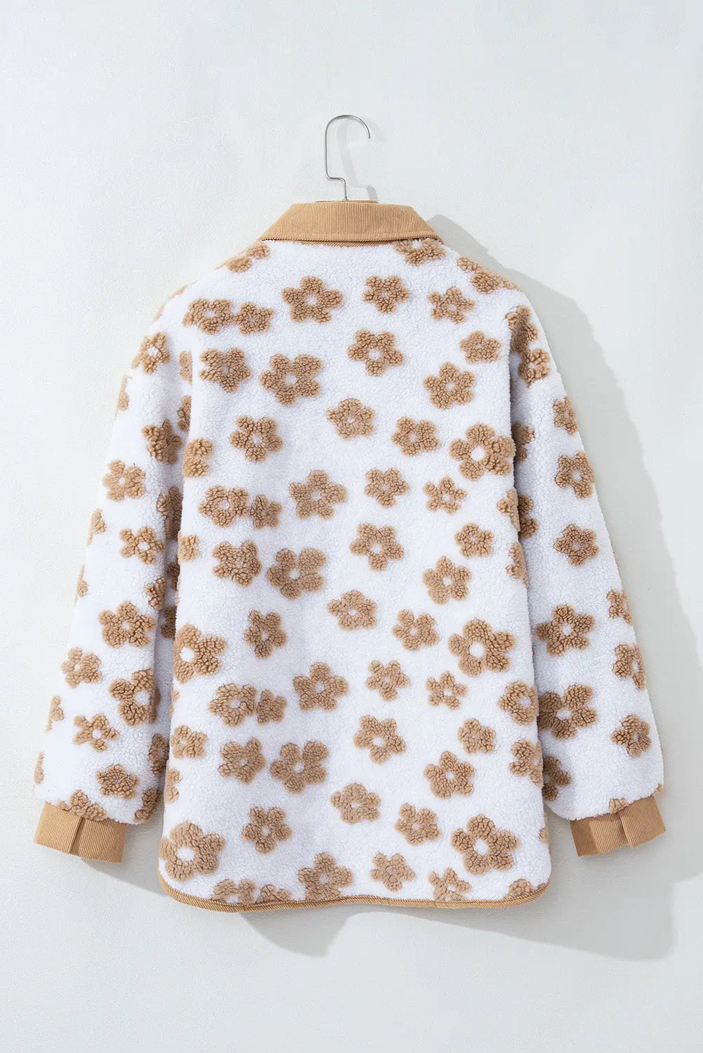 Light French Beige Cute Flower Pattern Button Up Fleece Jacket eAura