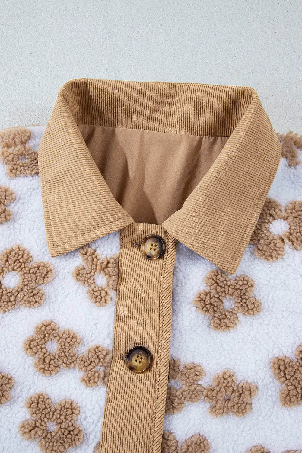 Light French Beige Cute Flower Pattern Button Up Fleece Jacket eAura