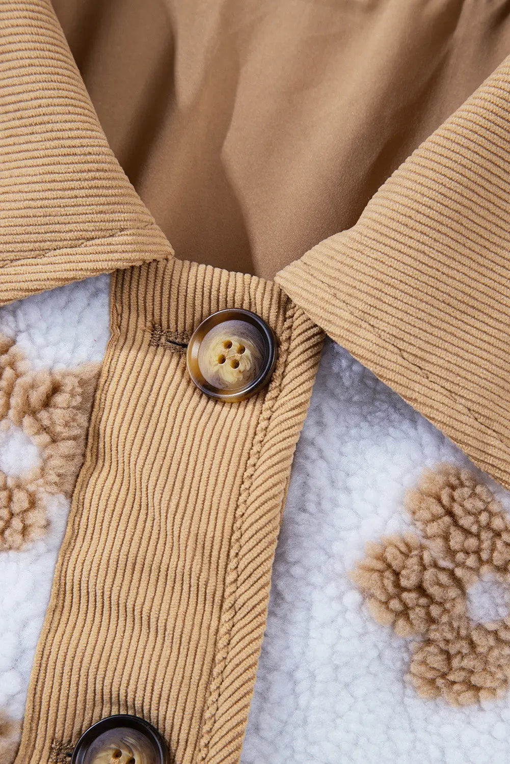 Light French Beige Cute Flower Pattern Button Up Fleece Jacket eAura