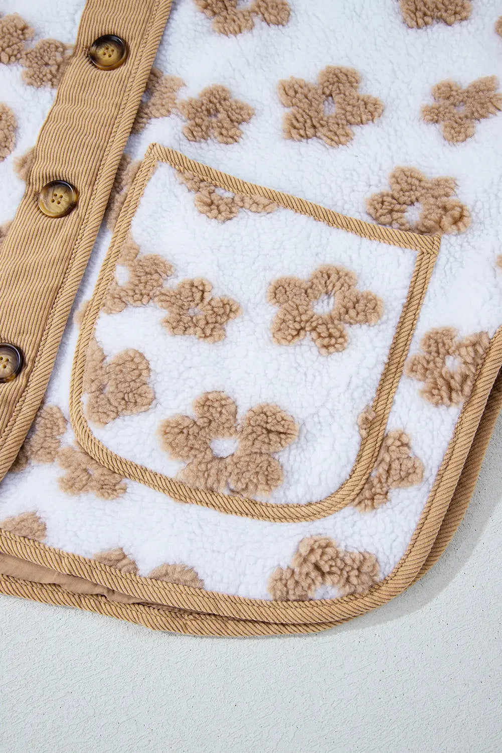 Light French Beige Cute Flower Pattern Button Up Fleece Jacket eAura