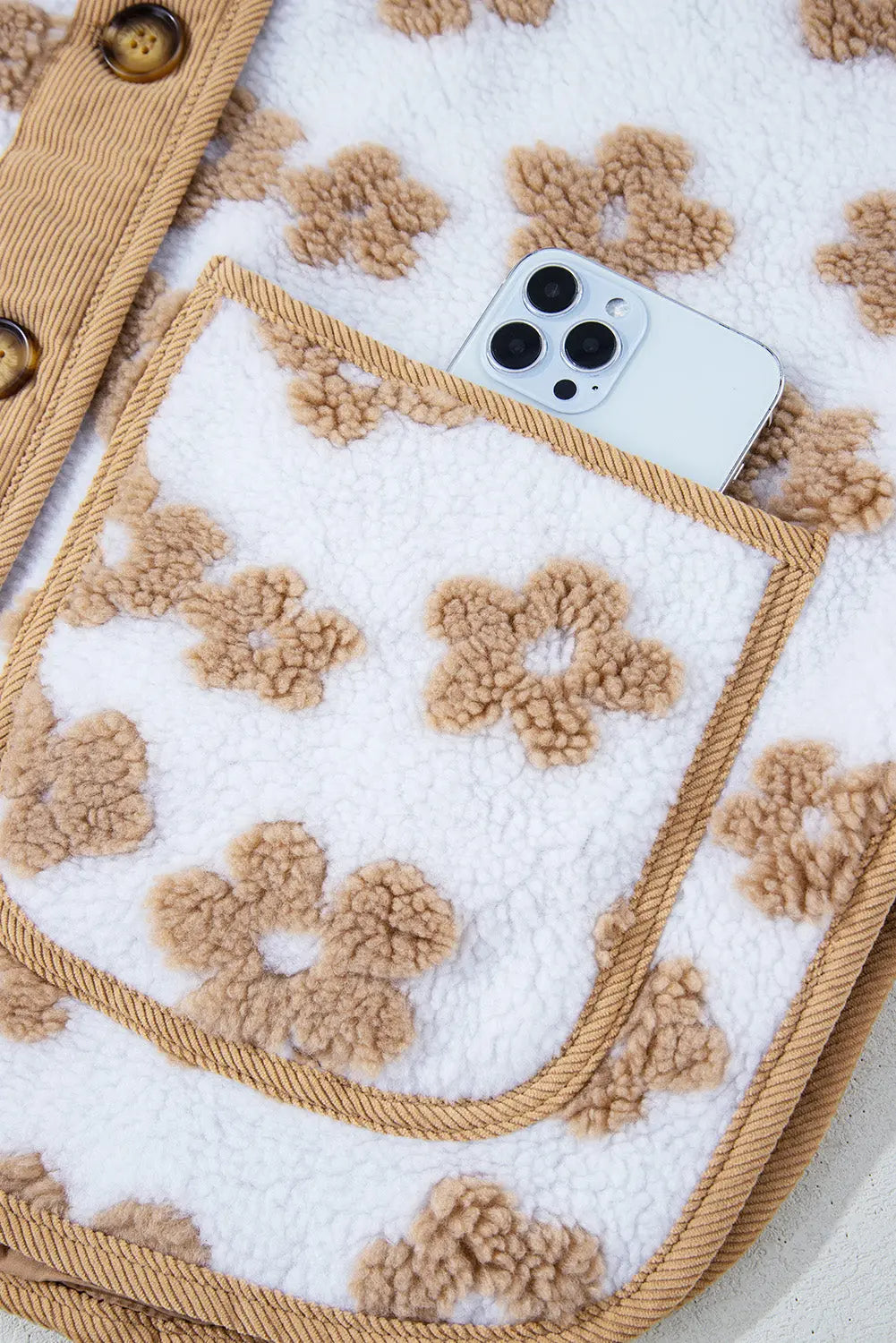 Light French Beige Cute Flower Pattern Button Up Fleece Jacket eAura