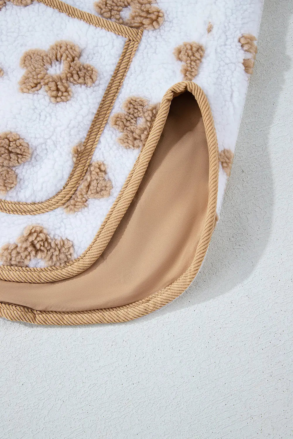 Light French Beige Cute Flower Pattern Button Up Fleece Jacket eAura