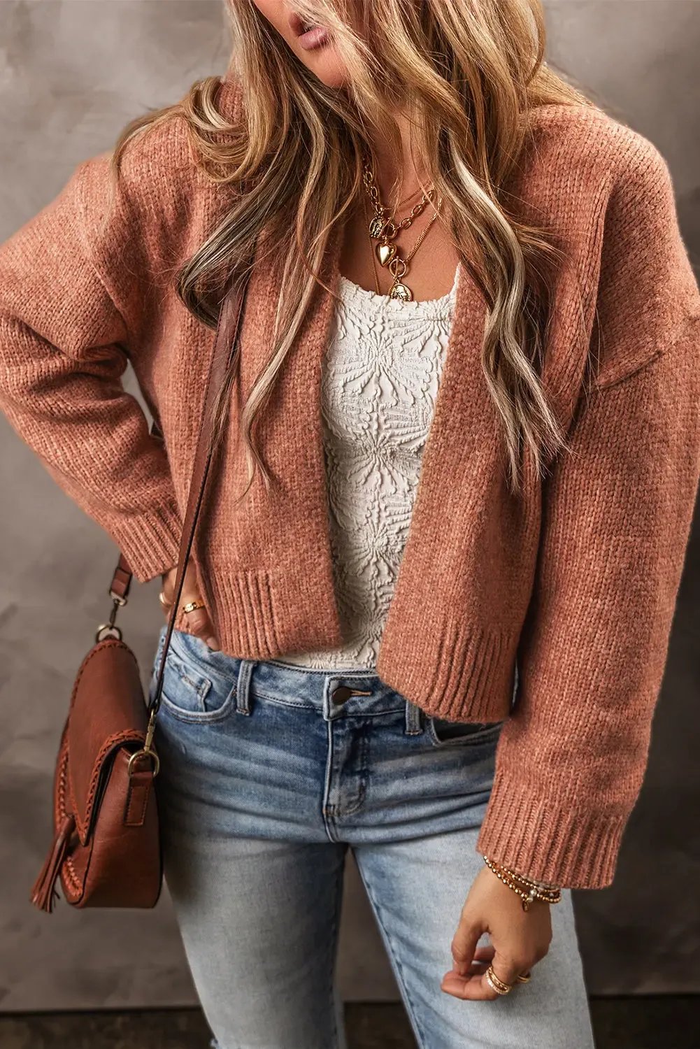 Light French Drop Shoulder Open Front Cropped Cardigan