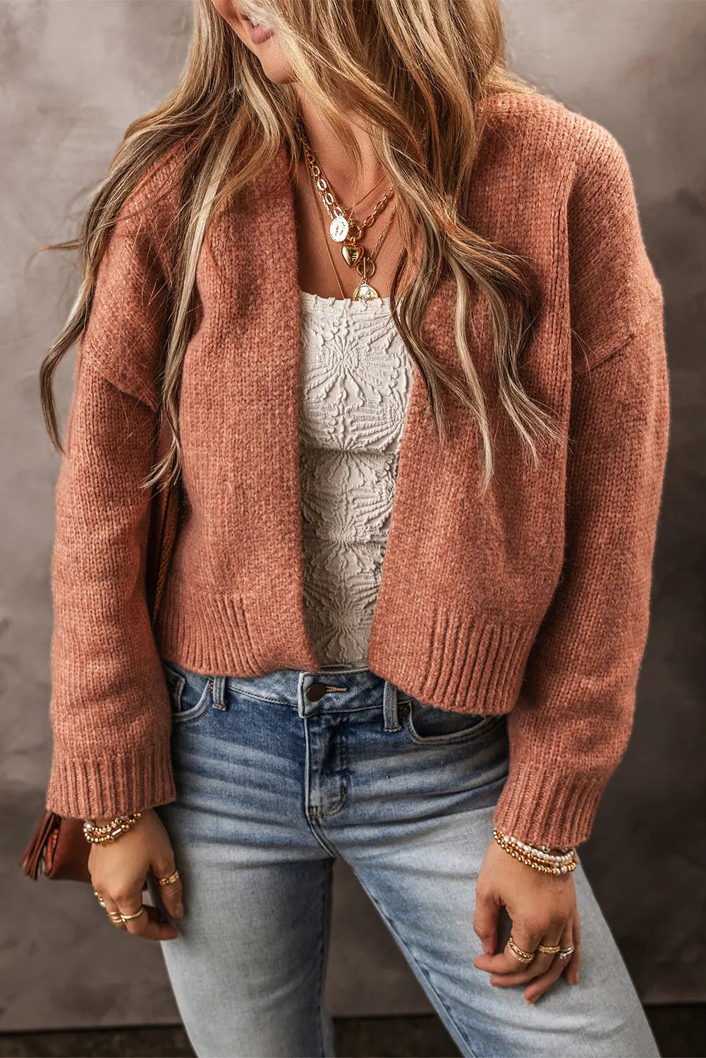 Light French Beige Drop Shoulder Open Front Cropped Cardigan - eAura
