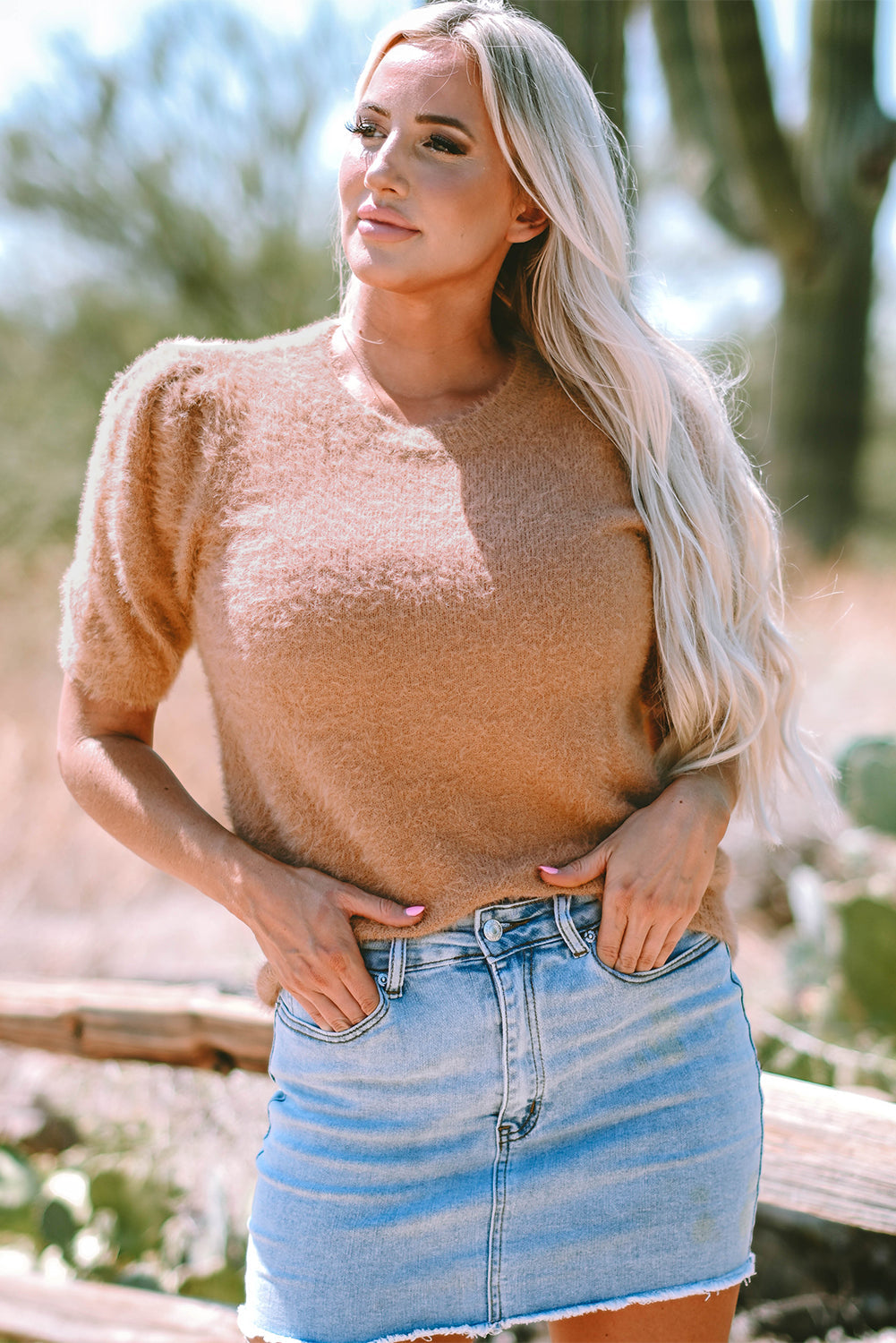 Light French Beige Fuzzy Short Sleeve Sweater - eAura