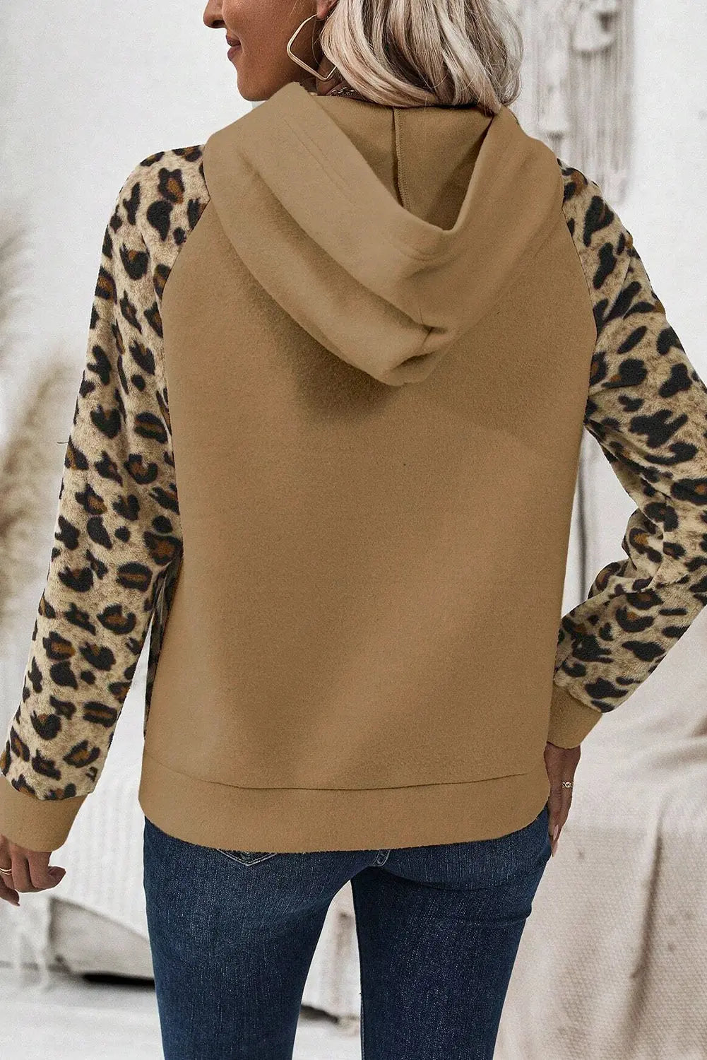 Light French Beige Leopard Print Patchwork Raglan Sleeve Half Buttons Hoodie Beagle Boutique Fashion Outlet