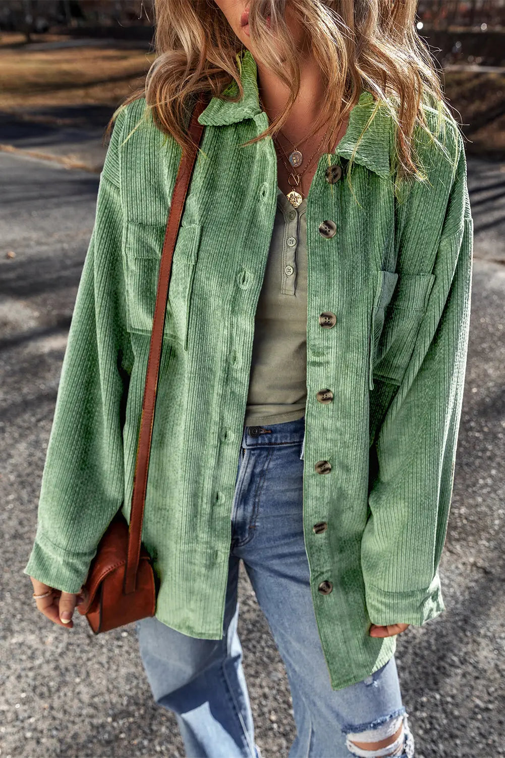 Light French Beige Patched Pocket Button Up Corduroy Shacket eAura