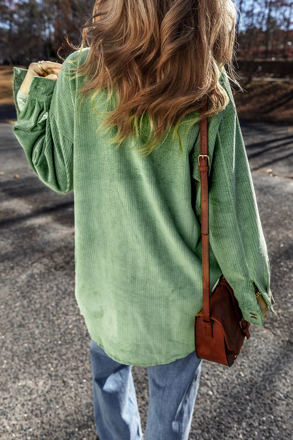 Light French Beige Patched Pocket Button Up Corduroy Shacket eAura