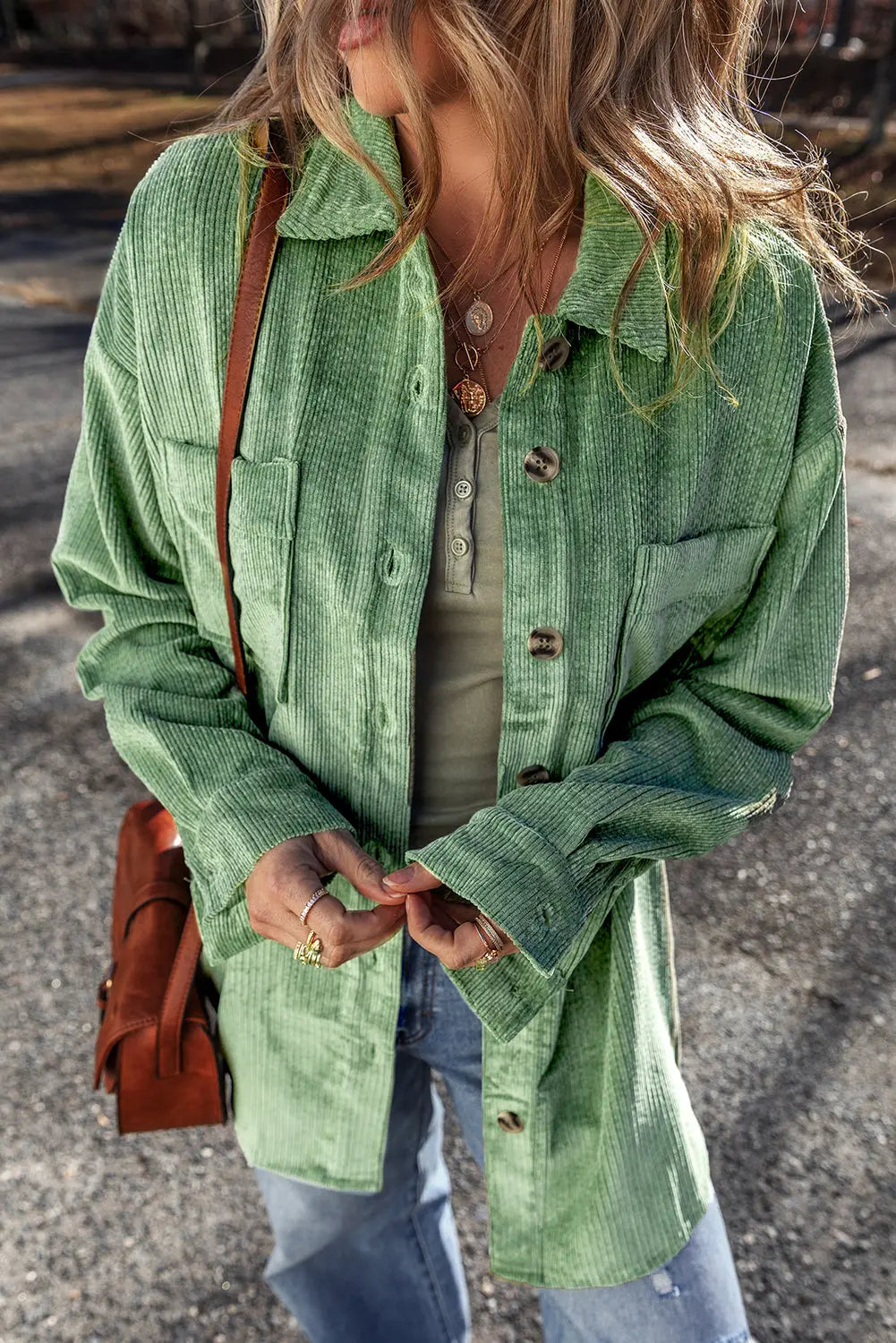 Light French Beige Patched Pocket Button Up Corduroy Shacket eAura