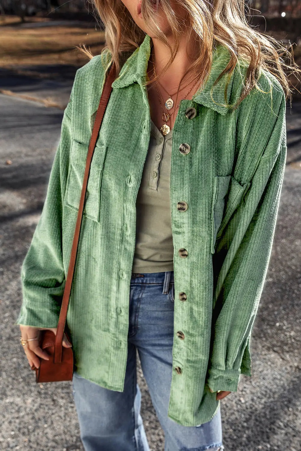 Light French Beige Patched Pocket Button Up Corduroy Shacket eAura