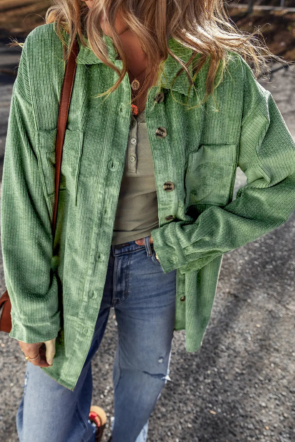 Light French Beige Patched Pocket Button Up Corduroy Shacket eAura