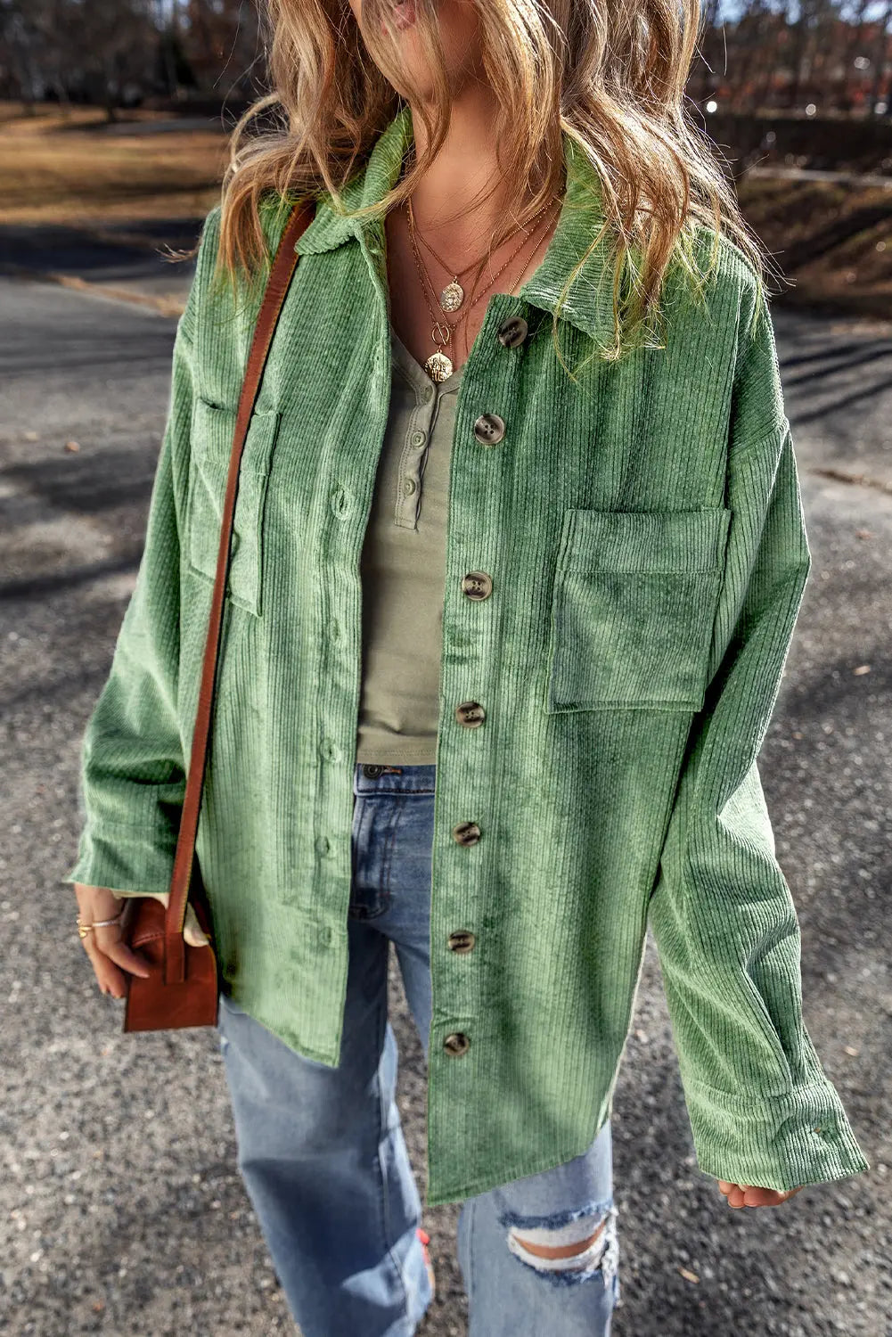 Light French Beige Patched Pocket Button Up Corduroy Shacket eAura