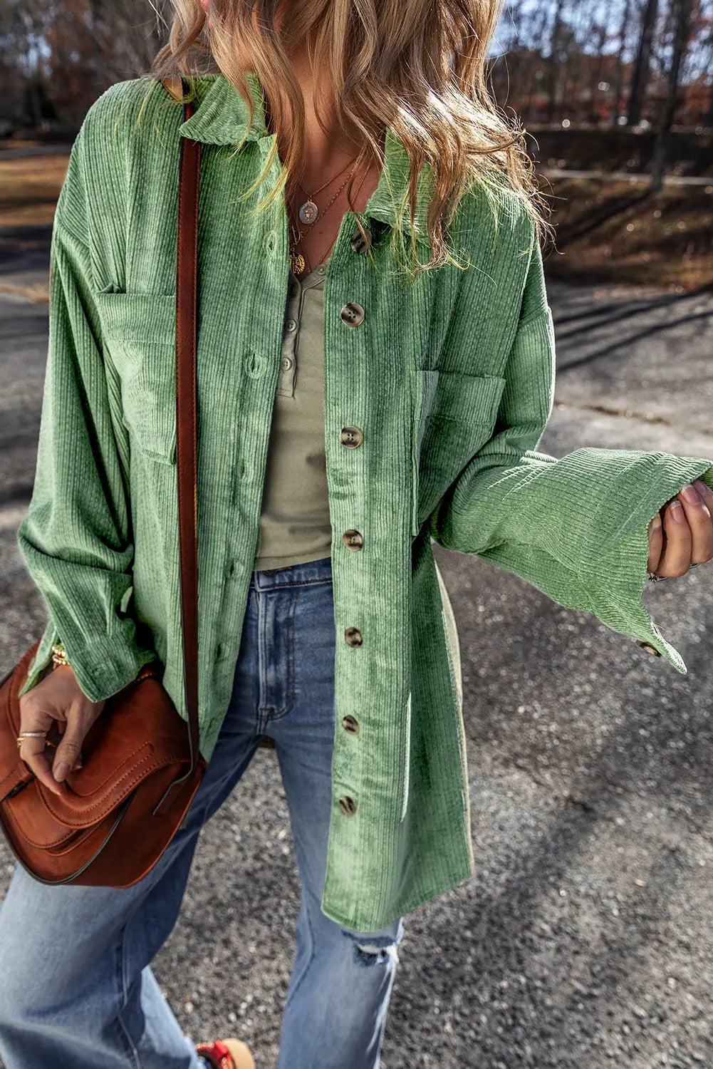 Light French Beige Patched Pocket Button Up Corduroy Shacket eAura