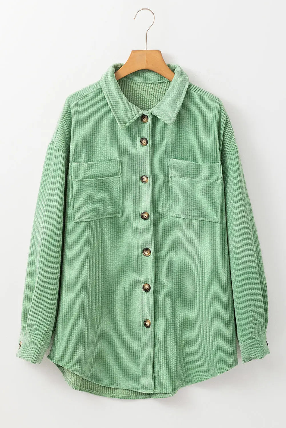 Light French Beige Patched Pocket Button Up Corduroy Shacket eAura