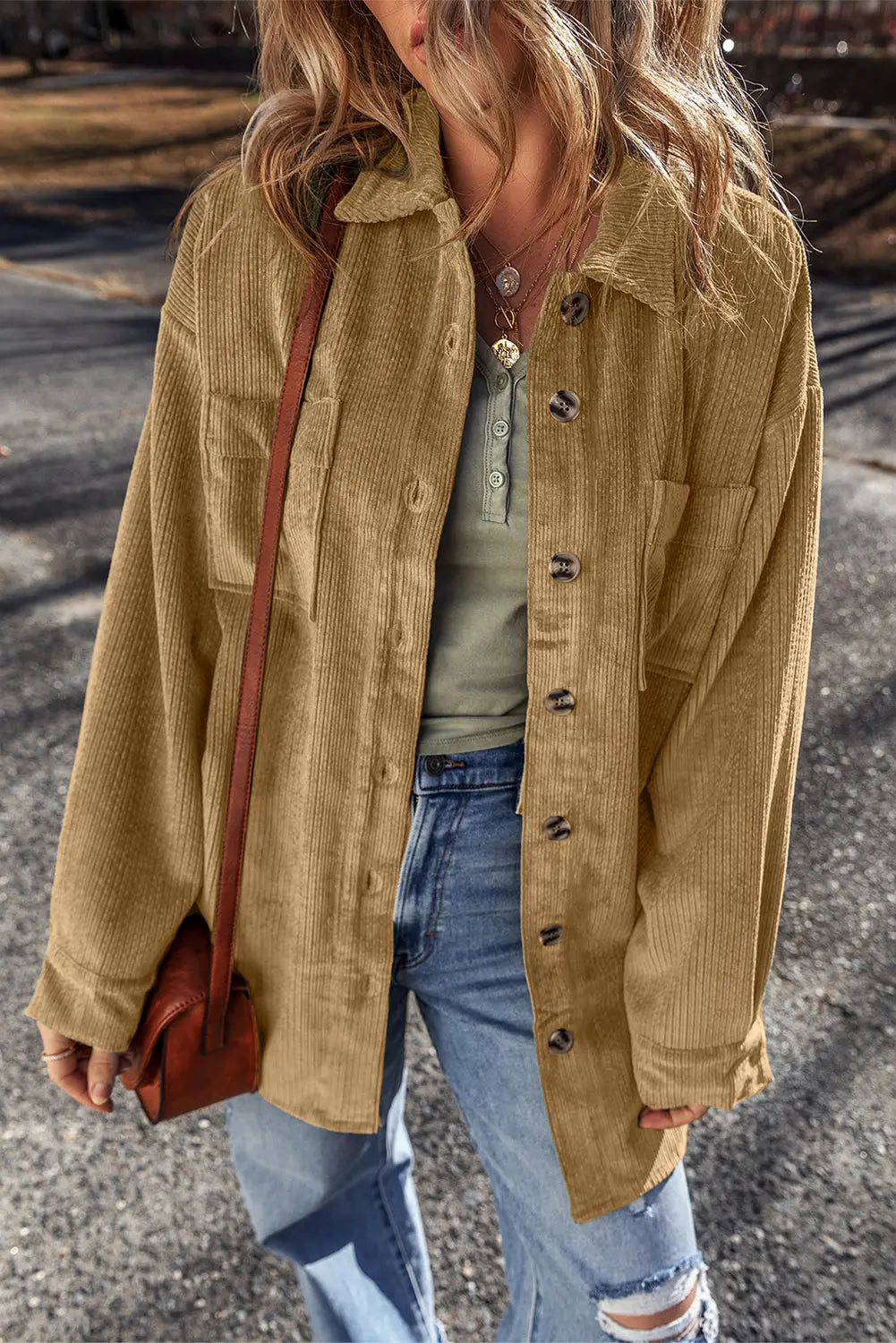 Light French Beige Patched Pocket Button Up Corduroy Shacket eAura