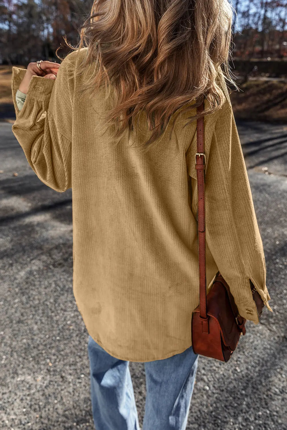 Light French Beige Patched Pocket Button Up Corduroy Shacket eAura