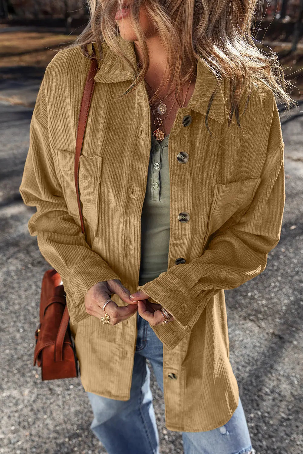 Light French Beige Patched Pocket Button Up Corduroy Shacket eAura