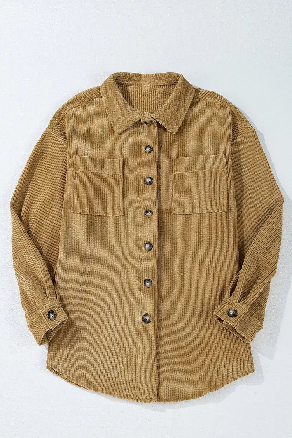 Light French Beige Patched Pocket Button Up Corduroy Shacket eAura
