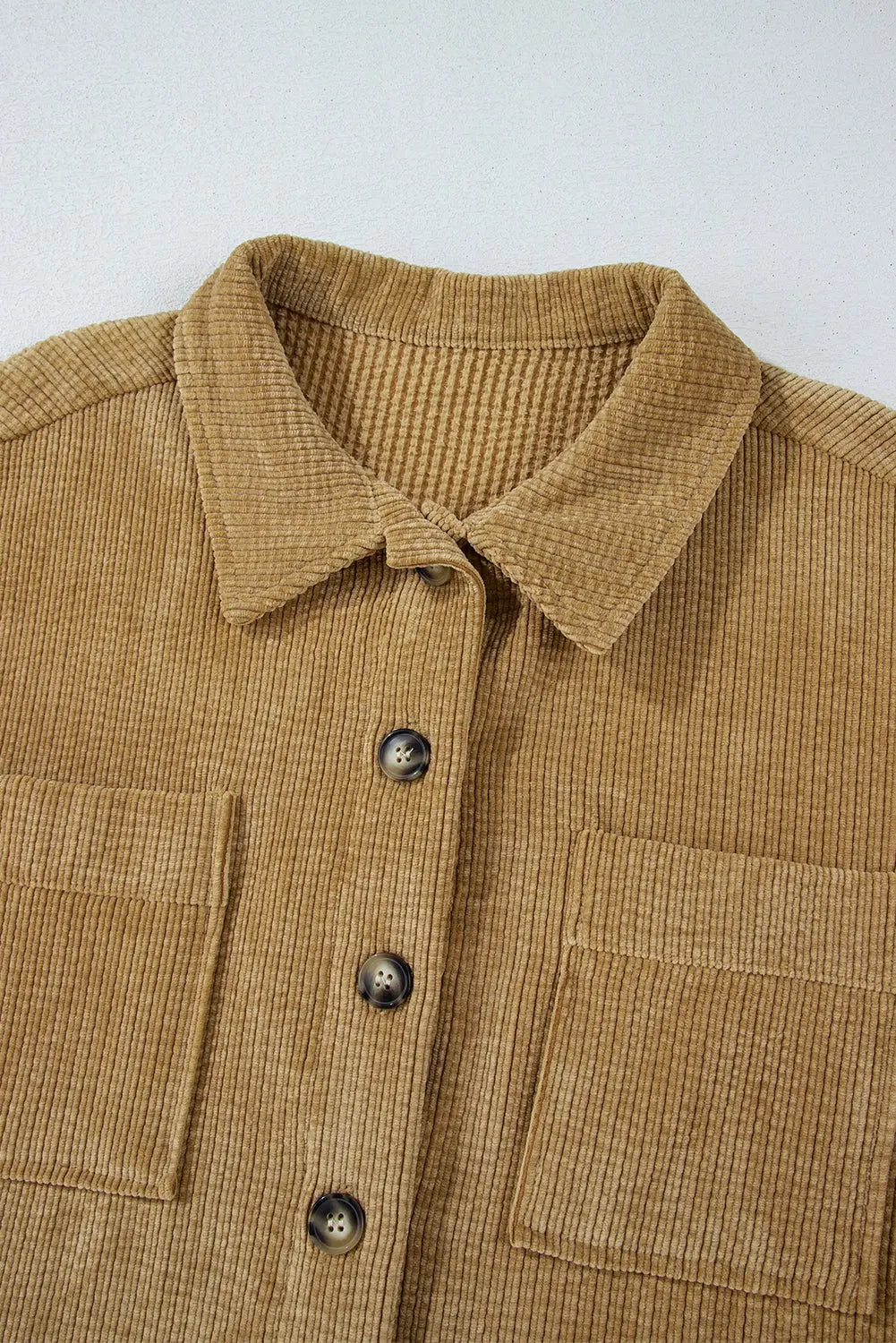 Light French Beige Patched Pocket Button Up Corduroy Shacket eAura