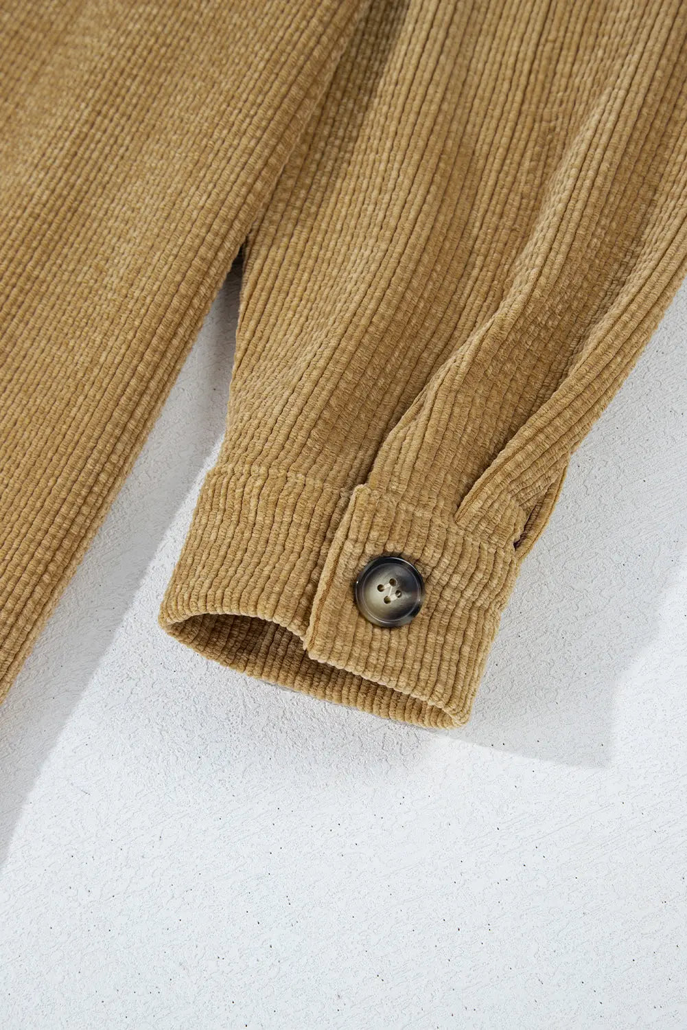 Light French Beige Patched Pocket Button Up Corduroy Shacket eAura