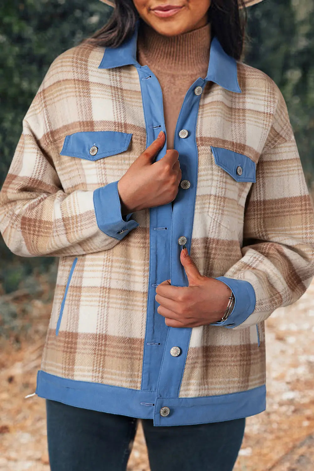 Light French Beige Plaid Patchwork Flap Detail Button Up Shacket Beagle Boutique Fashion Outlet