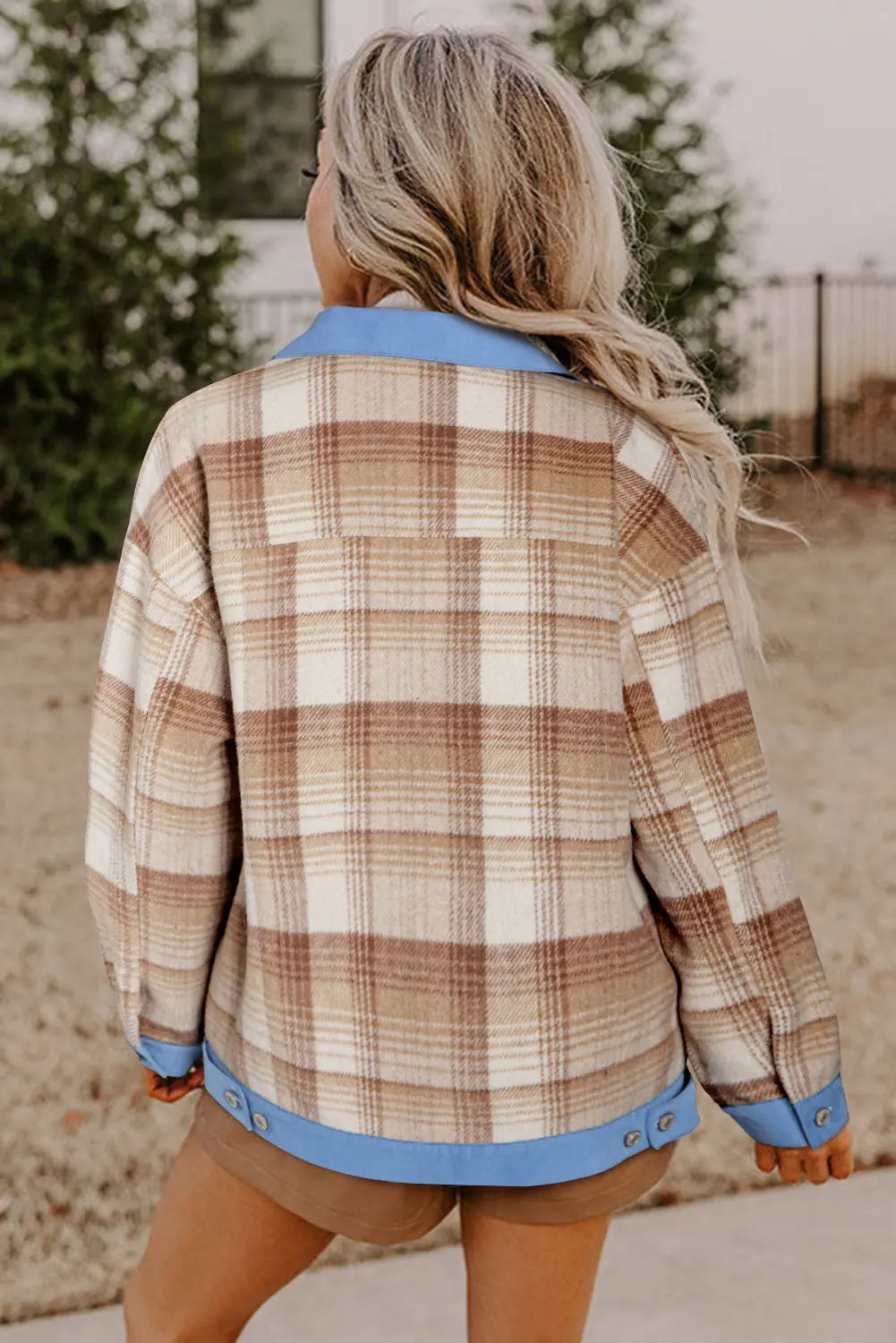 Light French Beige Plaid Patchwork Flap Detail Button Up Shacket Beagle Boutique Fashion Outlet