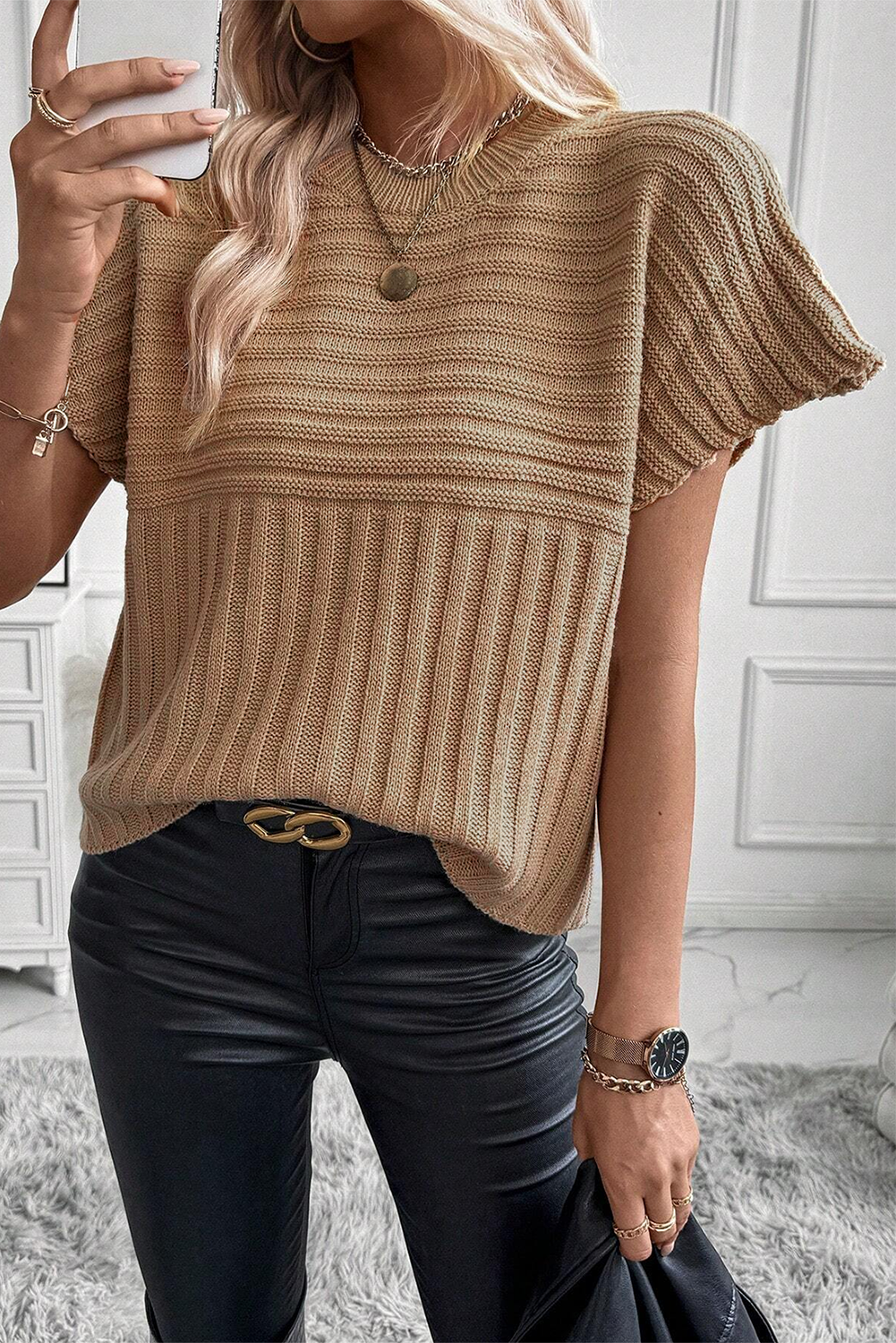 Light French Beige Rib Knitted Wide Sleeve Sweater T Shirt - eAura