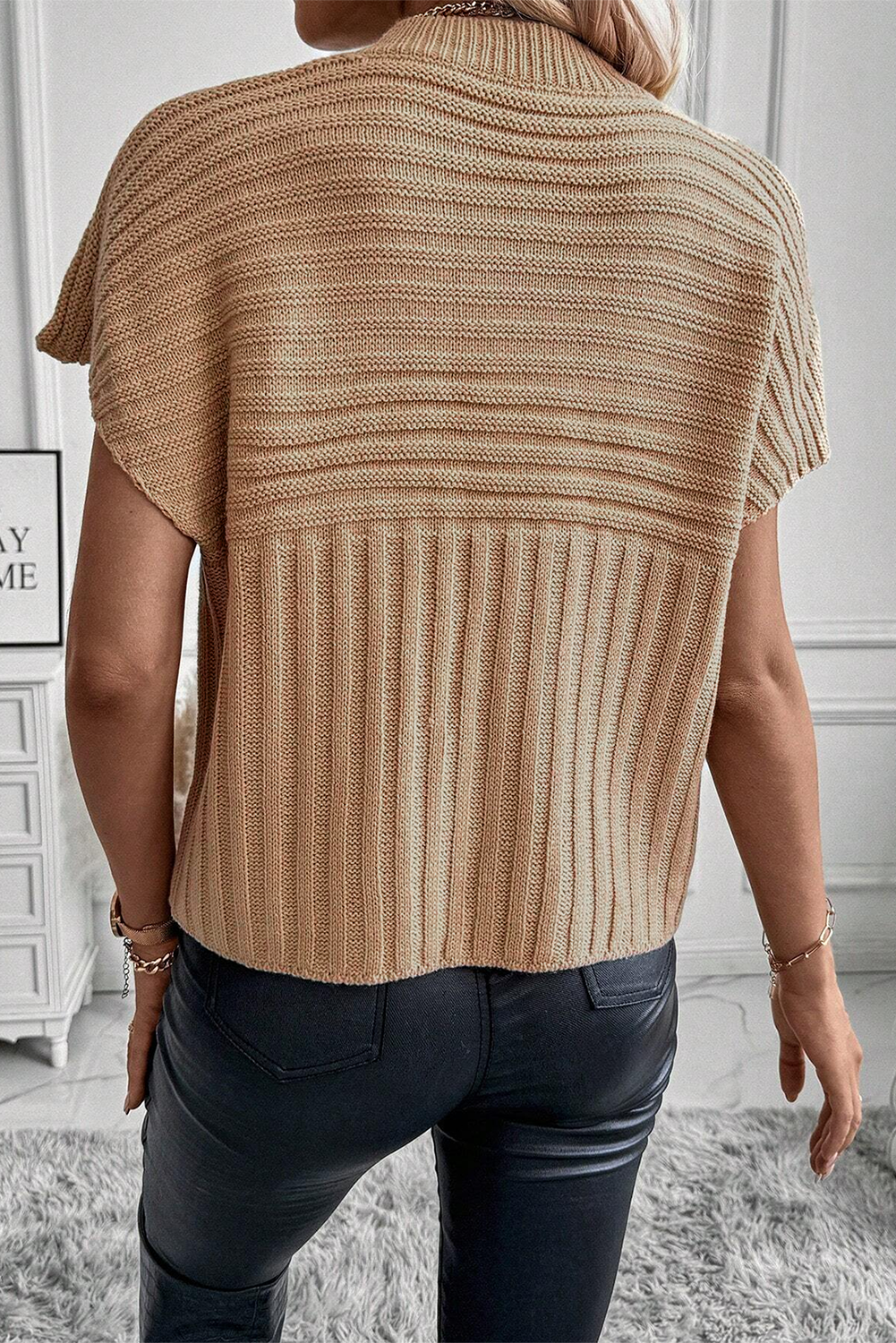 Light French Beige Rib Knitted Wide Sleeve Sweater T Shirt - eAura