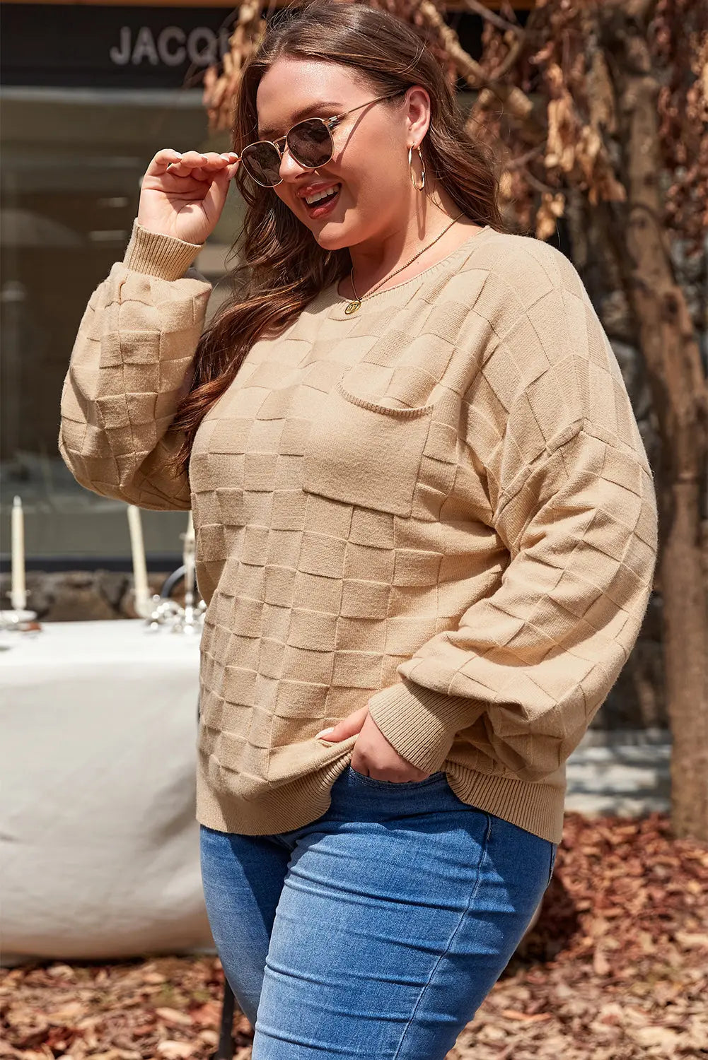 Light French Beige Solid Checkered Textured Knit Plus Size Sweater Beagle Boutique Fashion Outlet