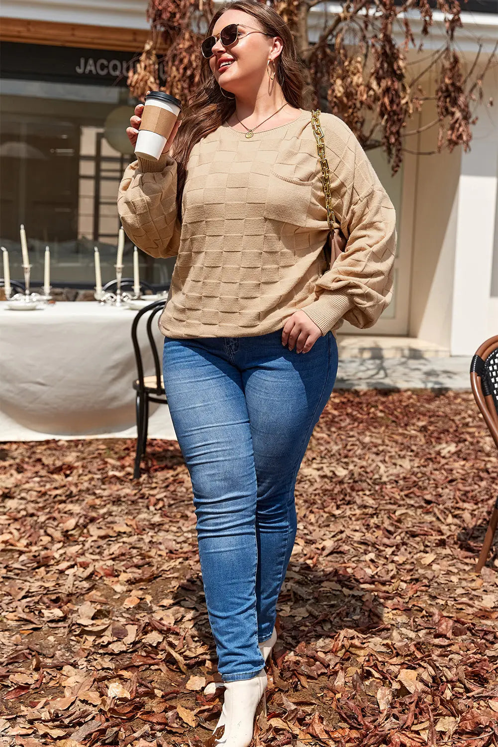 Light French Beige Solid Checkered Textured Knit Plus Size Sweater Beagle Boutique Fashion Outlet
