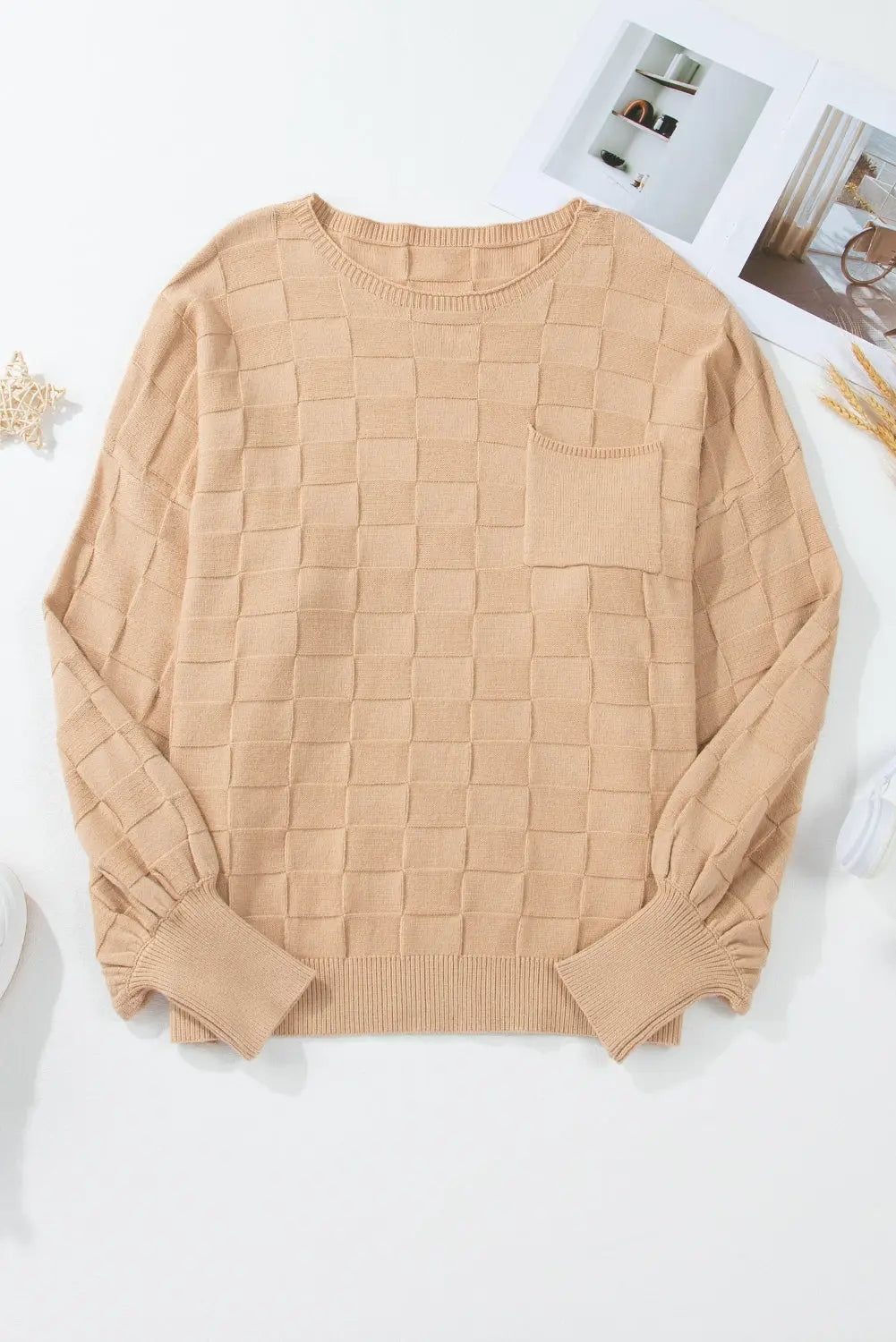 Light French Beige Solid Checkered Textured Knit Plus Size Sweater Beagle Boutique Fashion Outlet