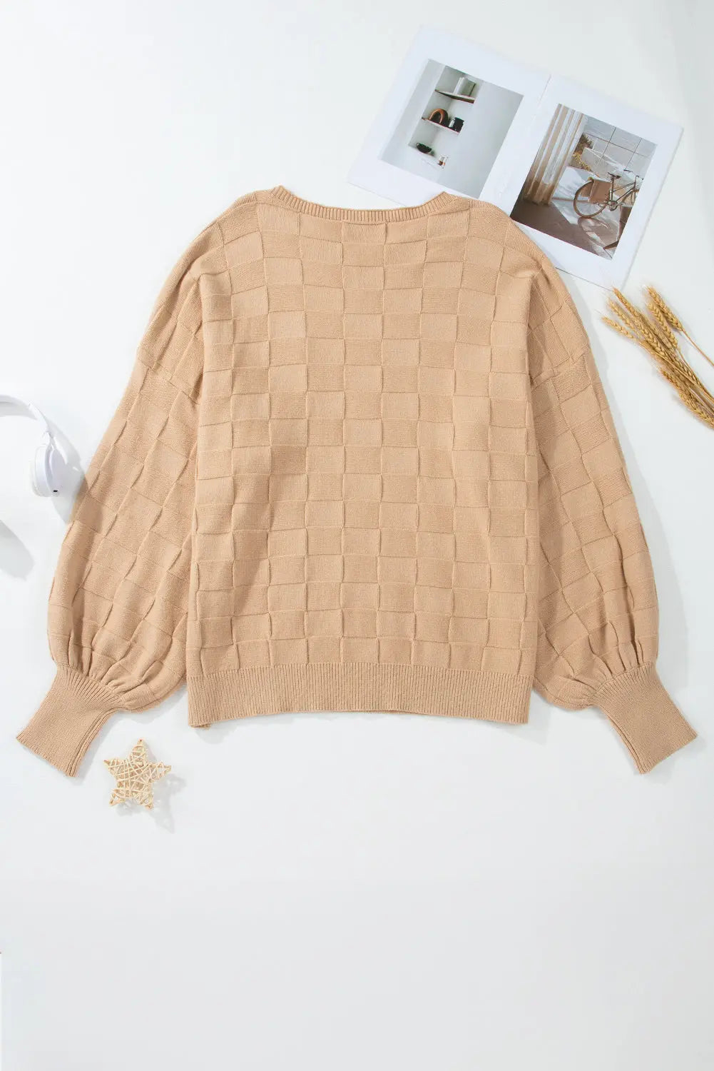 Light French Beige Solid Checkered Textured Knit Plus Size Sweater Beagle Boutique Fashion Outlet