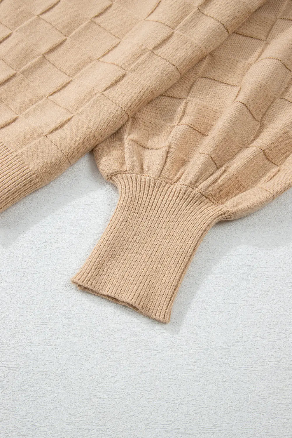 Light French Beige Solid Checkered Textured Knit Plus Size Sweater Beagle Boutique Fashion Outlet
