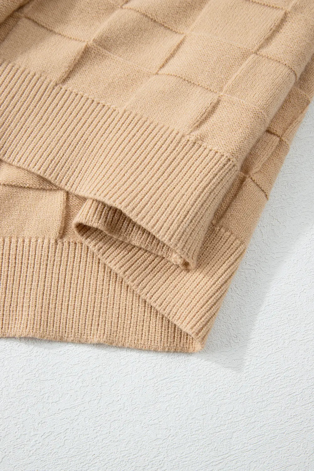 Light French Beige Solid Checkered Textured Knit Plus Size Sweater Beagle Boutique Fashion Outlet