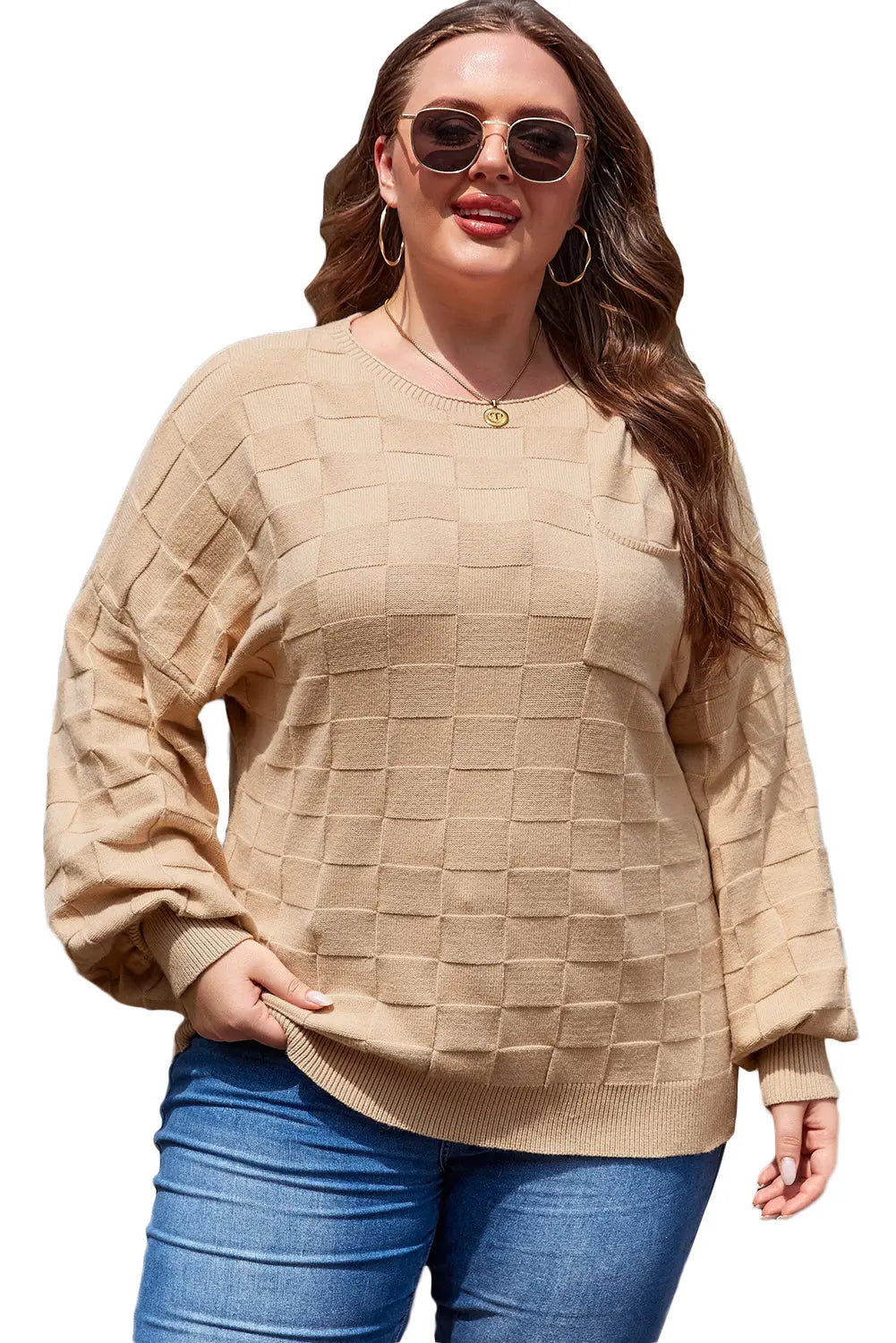 Light French Beige Solid Checkered Textured Knit Plus Size Sweater Beagle Boutique Fashion Outlet