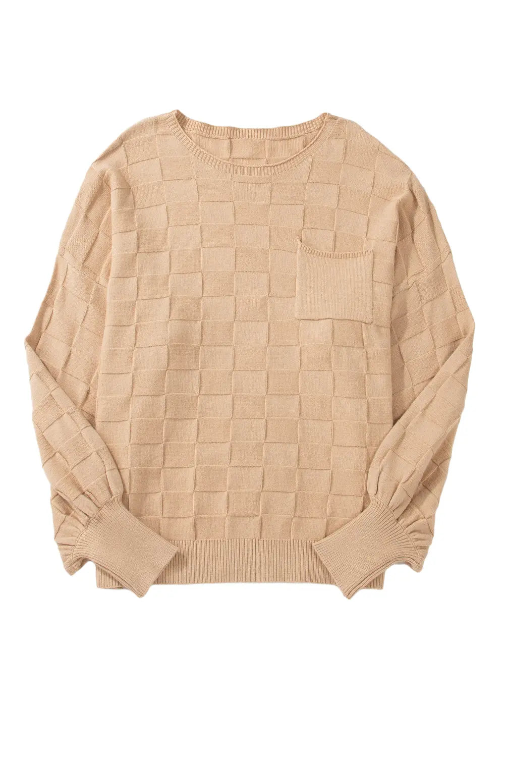 Light French Beige Solid Checkered Textured Knit Plus Size Sweater Beagle Boutique Fashion Outlet