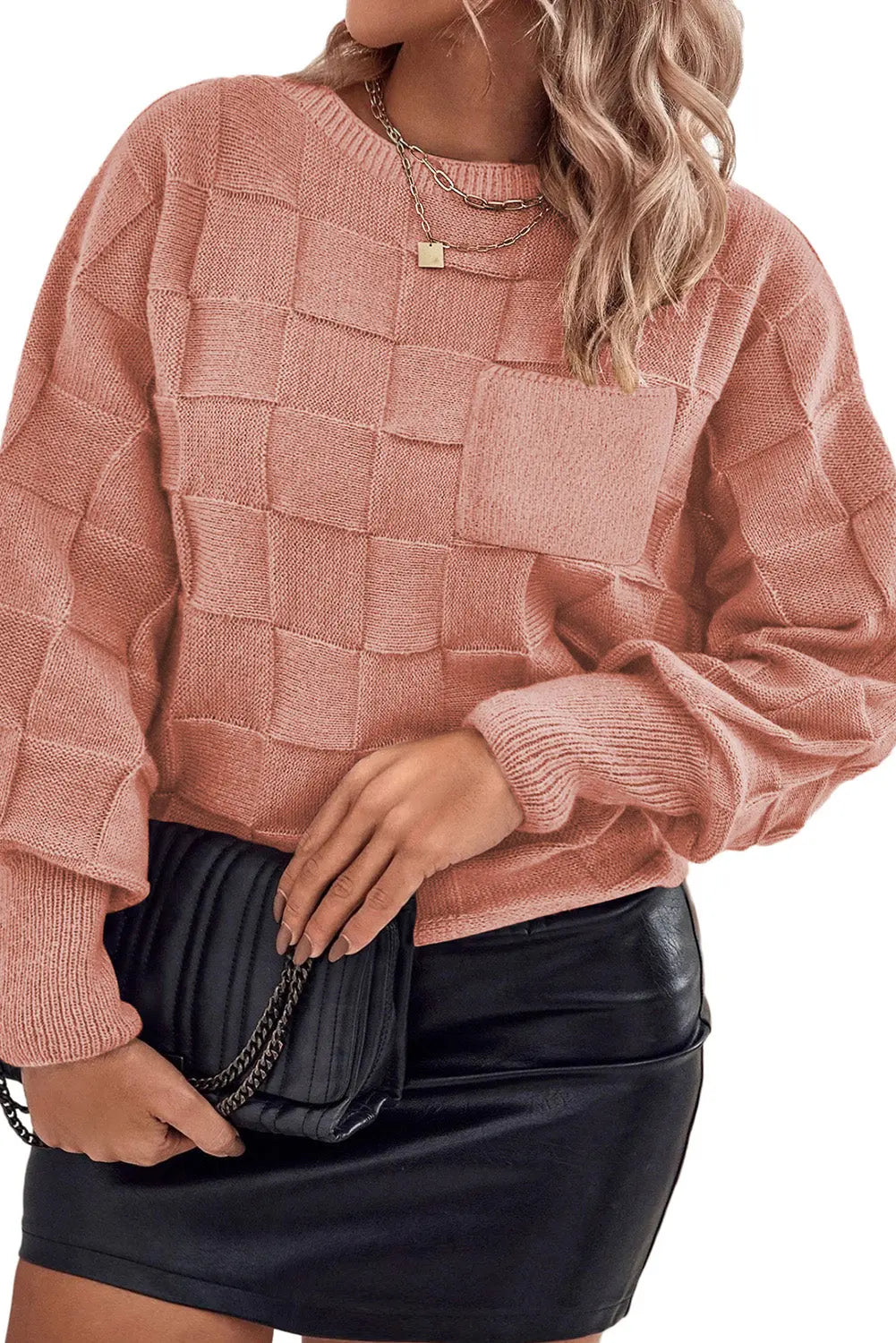 Light French Beige Solid Checkered Textured Knit Plus Size Sweater Beagle Boutique Fashion Outlet
