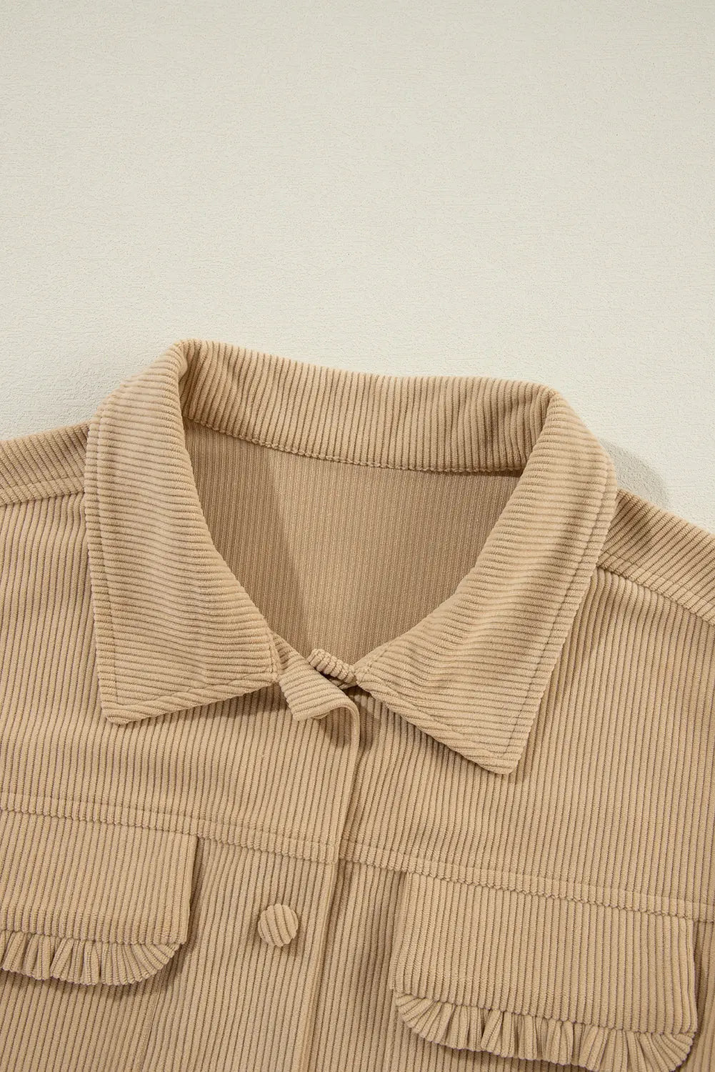 Light French Beige Solid Frilled Flap Pocket Button Up Corduroy Shacket - eAura