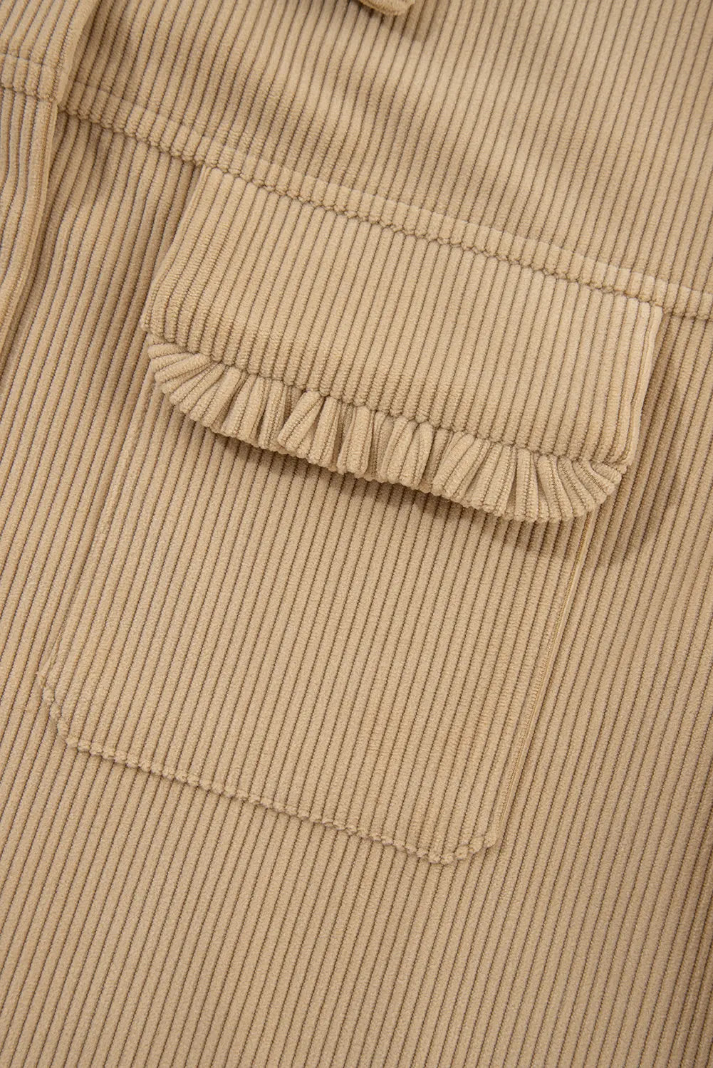 Light French Beige Solid Frilled Flap Pocket Button Up Corduroy Shacket - eAura