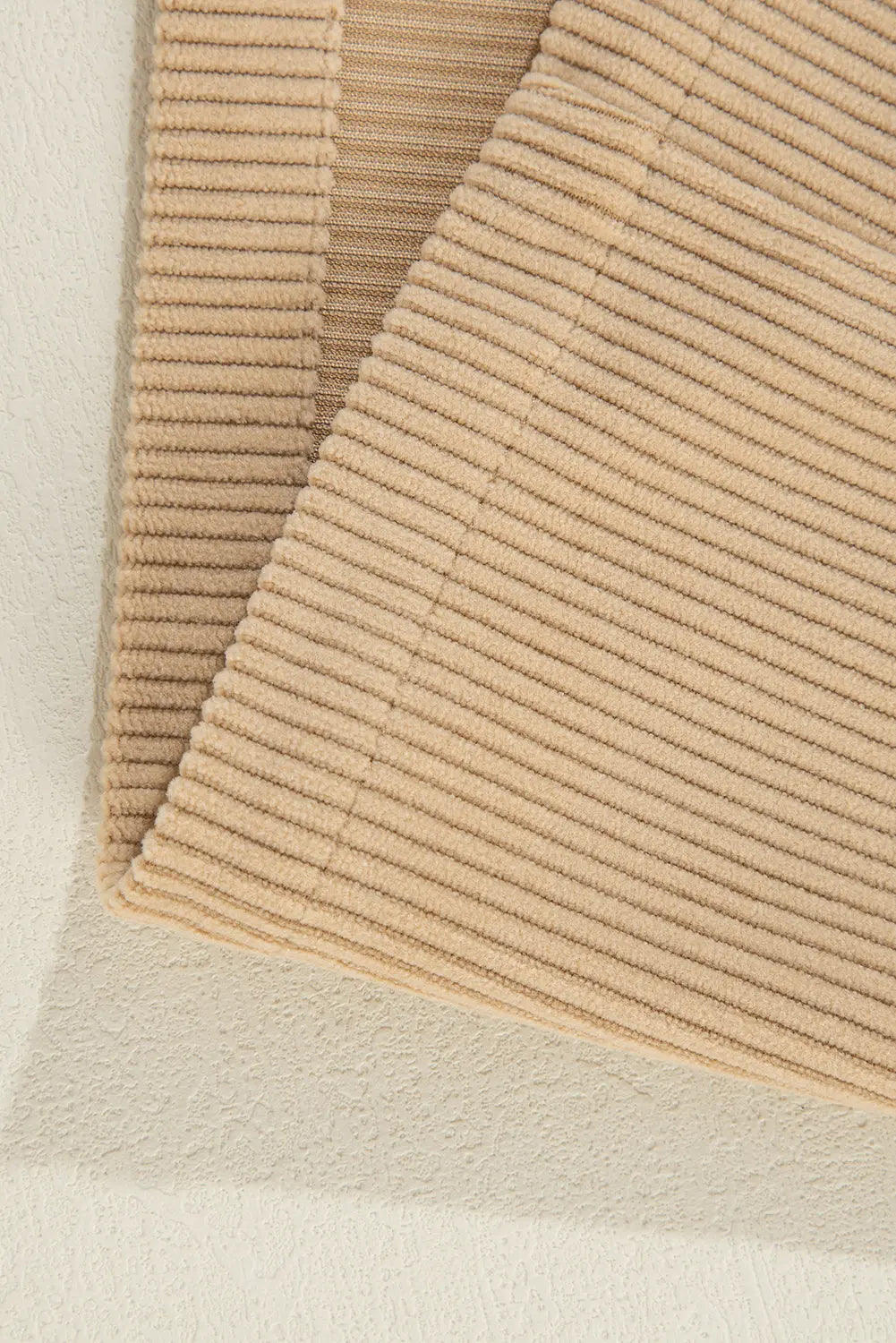 Light French Beige Solid Frilled Flap Pocket Button Up Corduroy Shacket - eAura