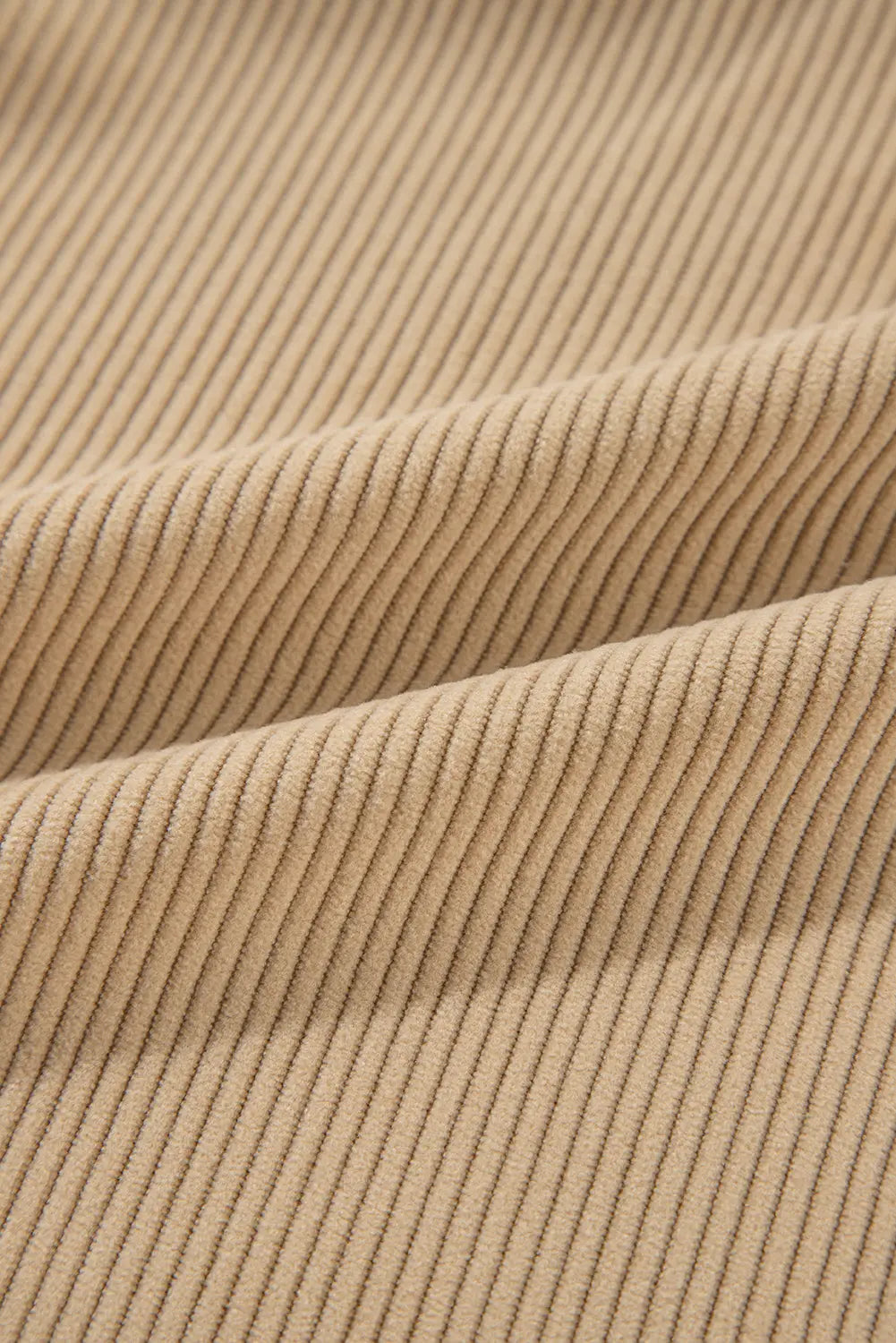 Light French Beige Solid Frilled Flap Pocket Button Up Corduroy Shacket - eAura