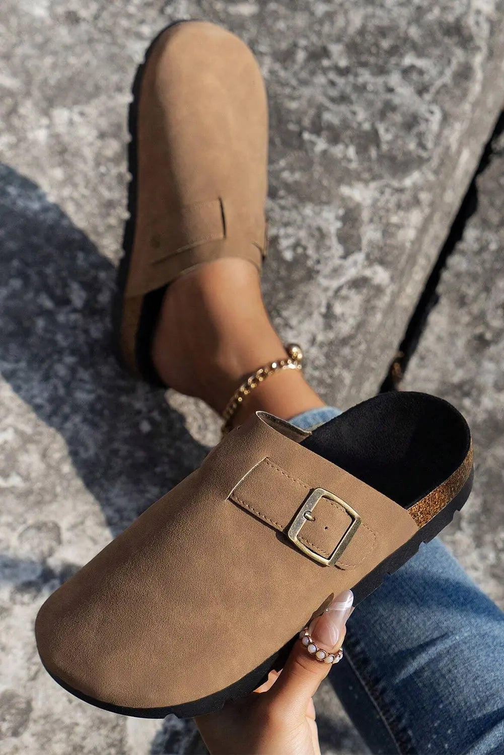 Light French Beige Suede Buckle Detail Sandals Clogs Beagle Boutique Fashion Outlet