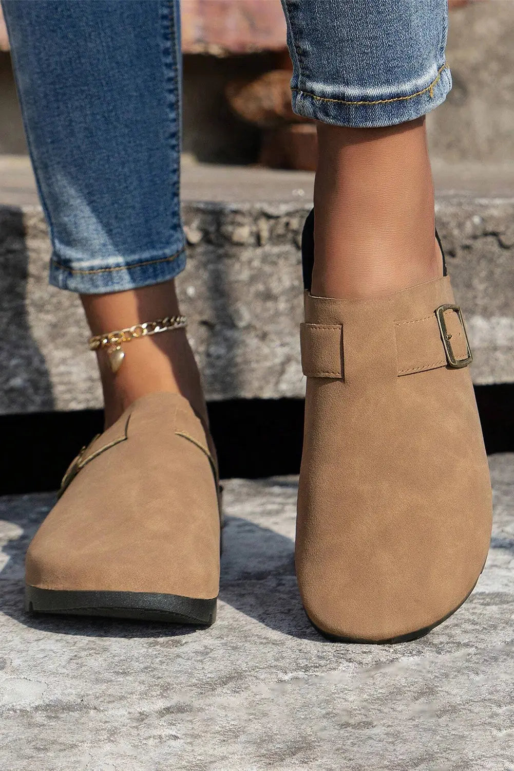 Light French Beige Suede Buckle Detail Sandals Clogs Beagle Boutique Fashion Outlet
