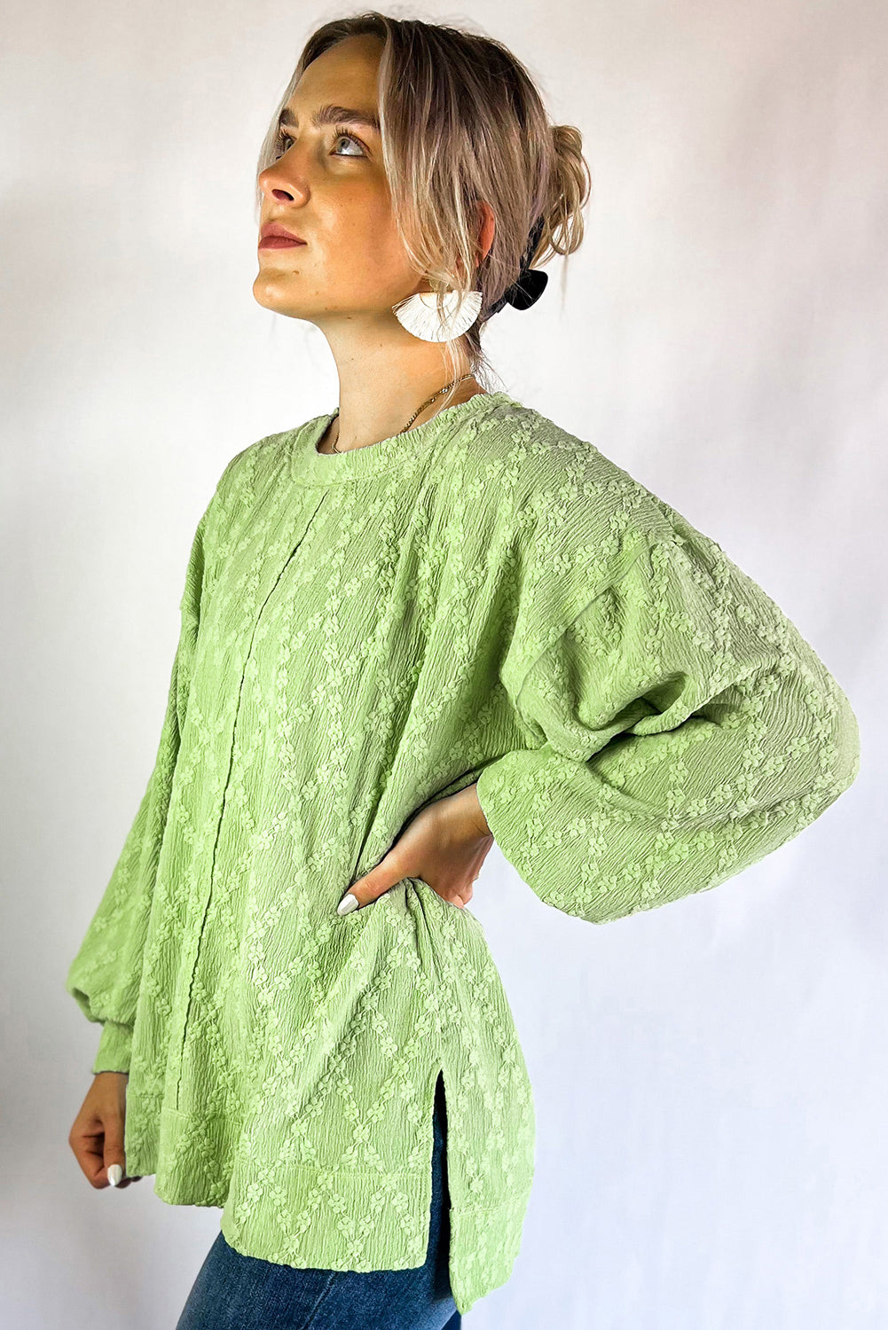 Light Green Solid Colour Textured Side Split Crew Neck Blouse - eAura