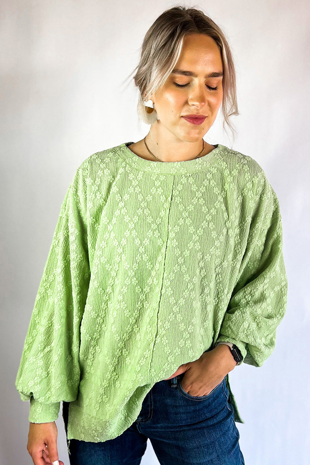 Light Green Solid Colour Textured Side Split Crew Neck Blouse - eAura