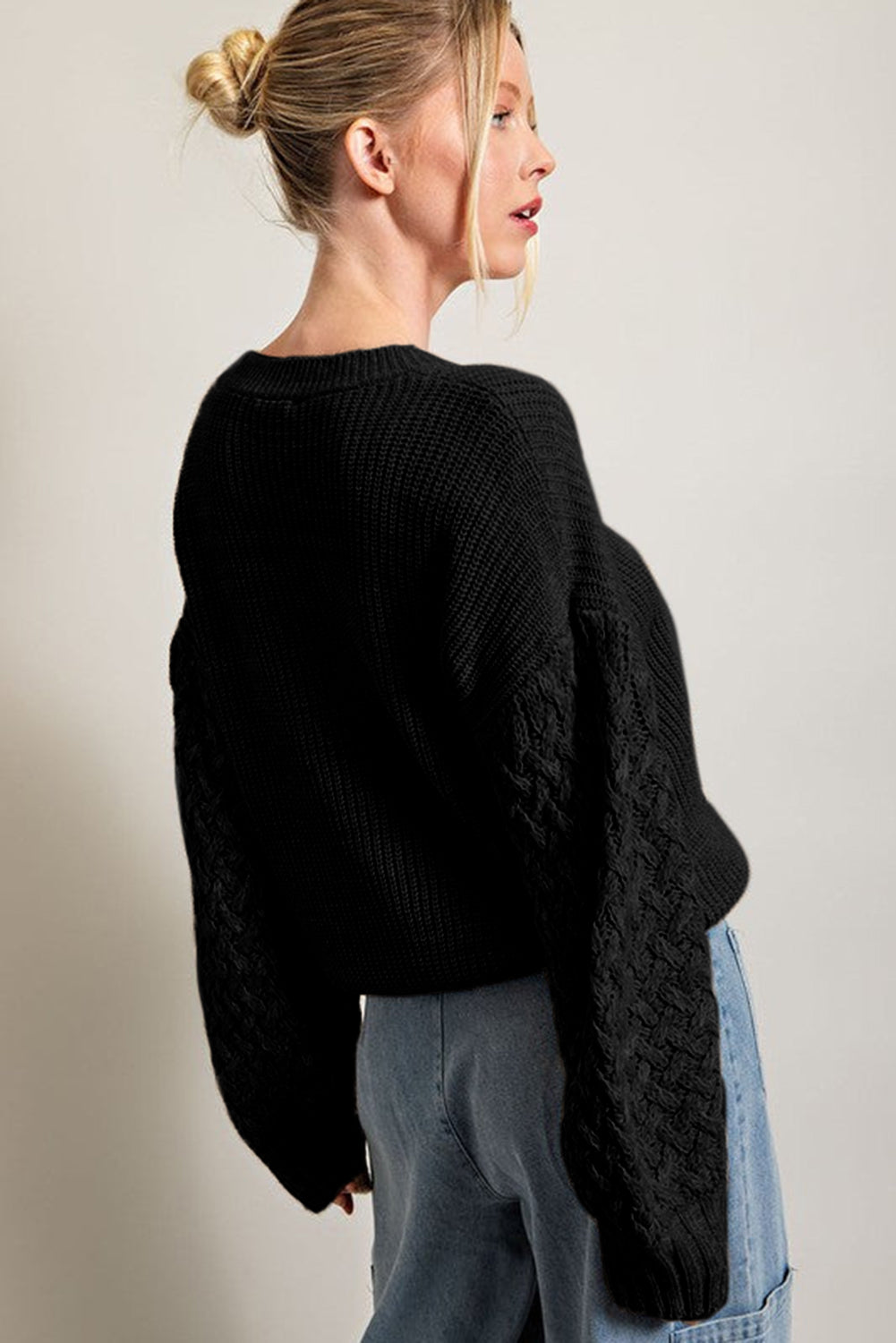 Light Grey Cable Knit Sleeve Drop Shoulder Sweater - eAura