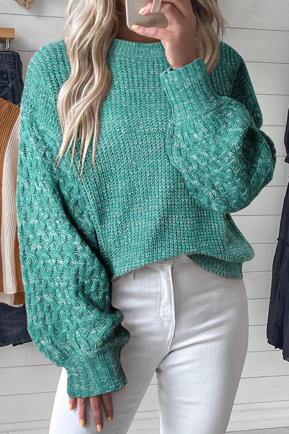 Light Grey Cable Knit Sleeve Drop Shoulder Sweater - SEA GREEN / S / 100% ACRYLIC - Sweaters & Cardigans/Sweaters